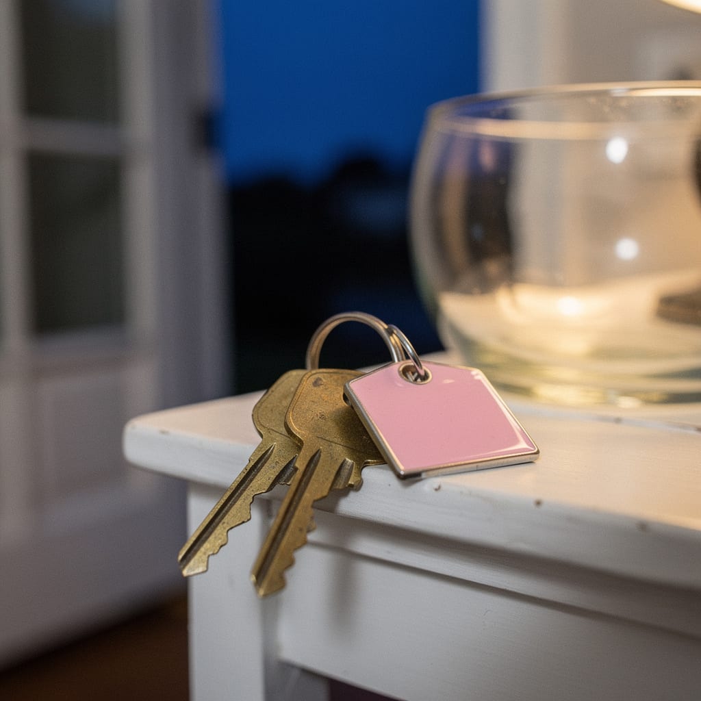 A ring of brass house keys with a small pink enamel tag resting on a white console by a front door