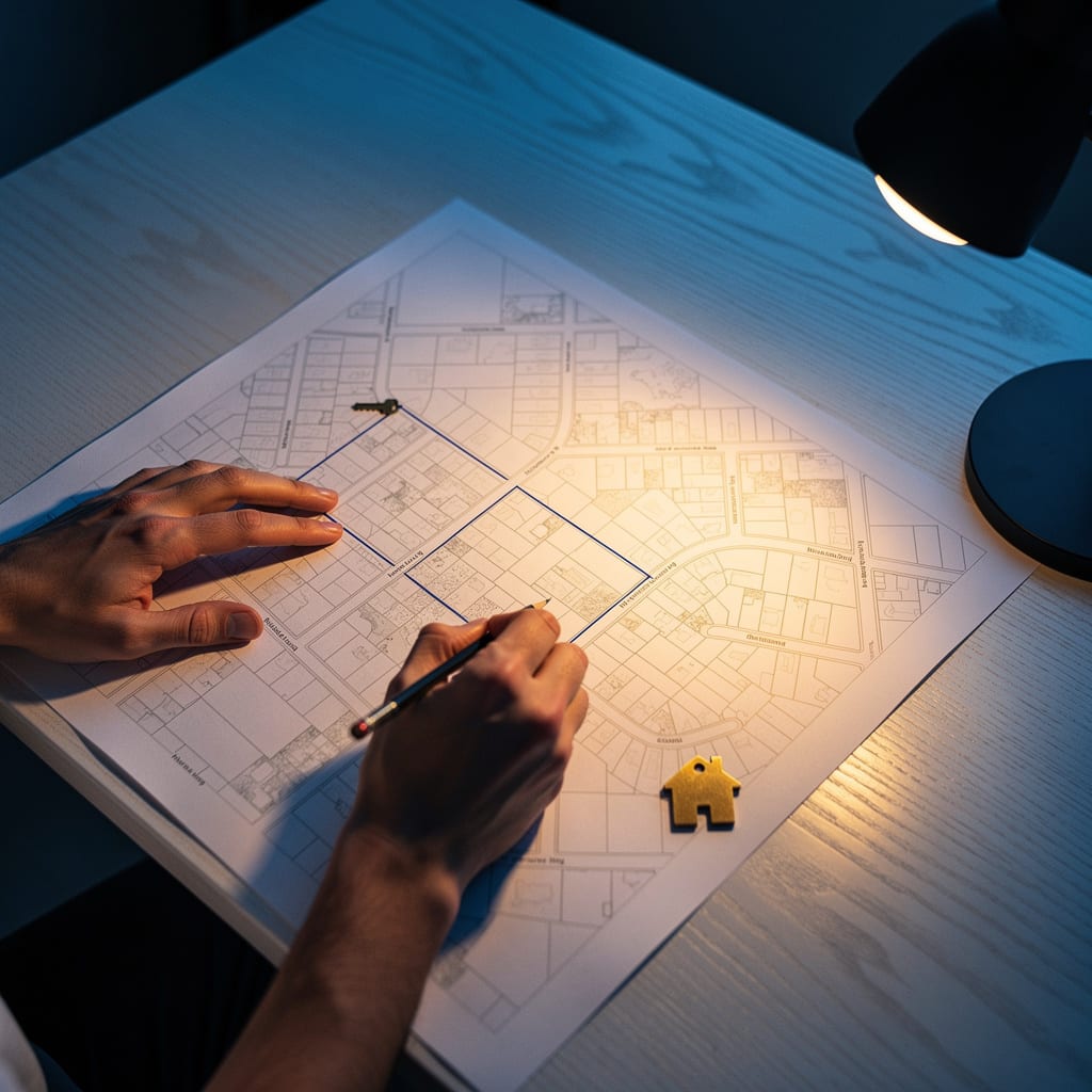 An agent's hands sketching with a pencil on a printed neighborhood street map beside a brass house key