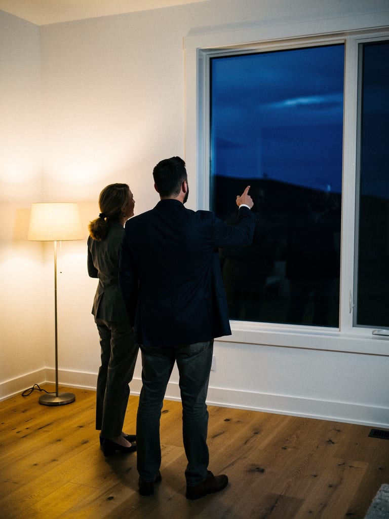 A woman agent showing a young couple an empty living room with a big window onto the twilight hills